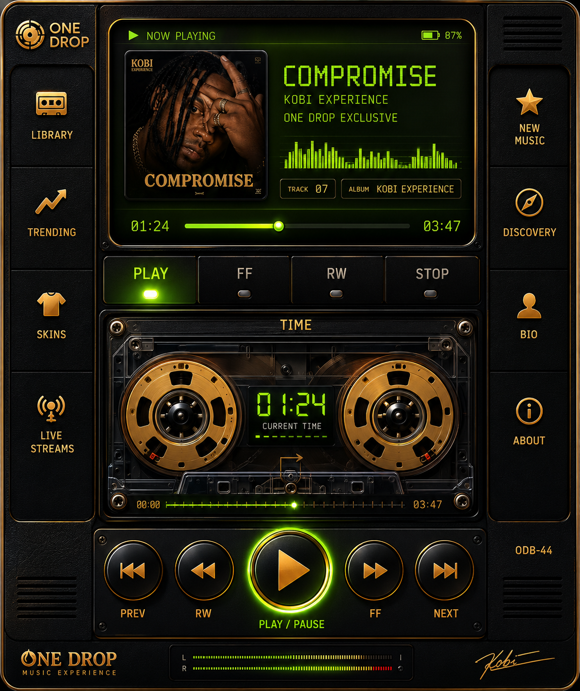 One Drop console design with gold controls, cassette deck and green display